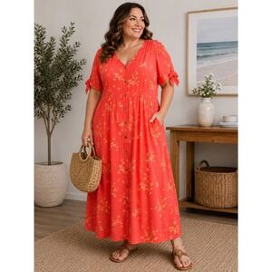 Peyton & Parker Women 1X Coral Orange Floral Button Front Midi Dress with Ties